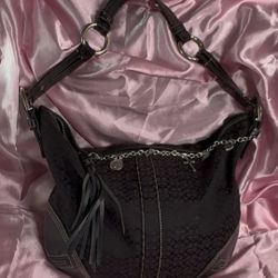 Vintage Coach Black Jacquard And Leather Tassel Signature C Hobo Bag