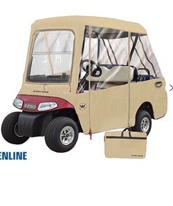 The Eevelle Greenline Item GLET24 (Po. 554) is a 4-sided drivable golf cart enclosure designed specifically for 2-passenger EZ GO golf cart