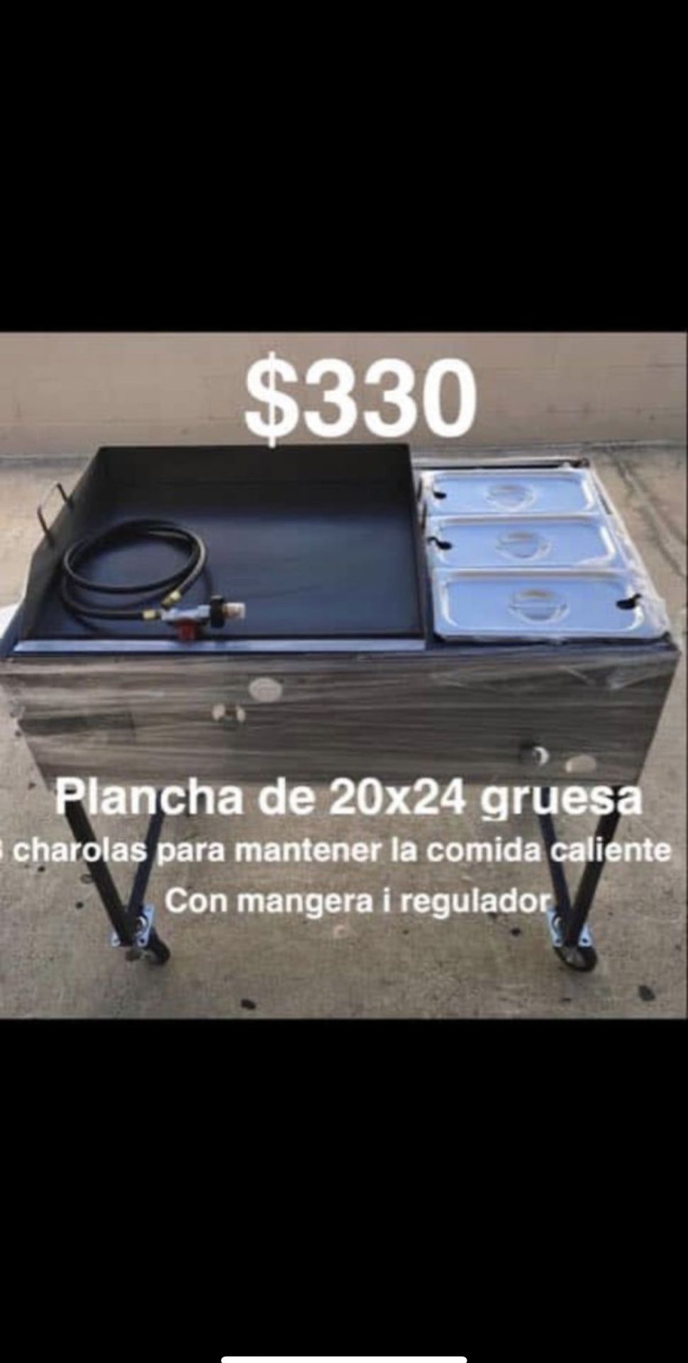 Taco cart/ plancha para tacos/ 3 Charolas para mantener la comida caliente 20x24 comal grueso de fiero 3 charolas de asero 1 charola vano maria 1