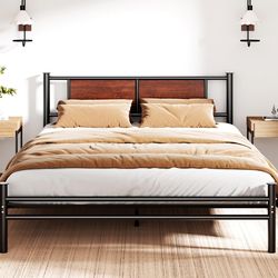 King Bed Frame with Rustic Wood Headboard and Metal Platform