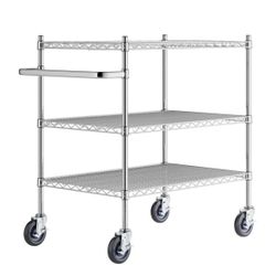 24" x 41 3/4" Three Shelf Chrome Utility Cart with U-Shaped Handle