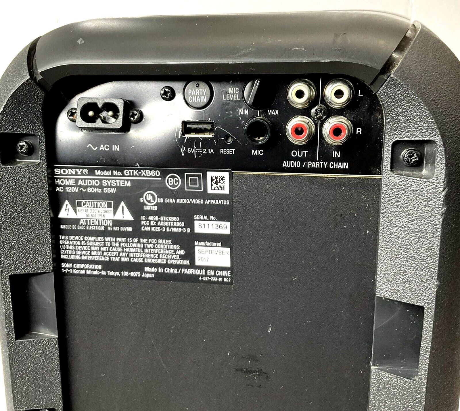 Sony GTK XB60 Portable Wireless Speaker Black FOR PARTS AND REPAIR ONLY