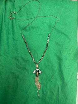 Beaded Necklace w/ Clear Marquise Crystal Pendant & Chain Tassel, Adjustable