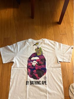 White bape shirt w purple and black camo