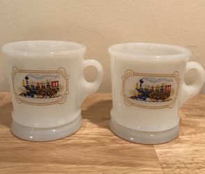 2 Avon White Opalescent Glass Train coffee mugs