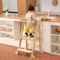 Kitchen Step Stool, Foldable Toddler Tower, Height Adjustable Toddler Standing Tower with Safty Rail and Anti-Slip Device, Wooden Stool for 1.5-6 Year