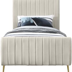 Twin Bed Frame Beige Cream Tufted Velvet and Mattress 