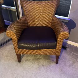 Rolled Back Woven Rattan Chair with Leather Seat Cushion