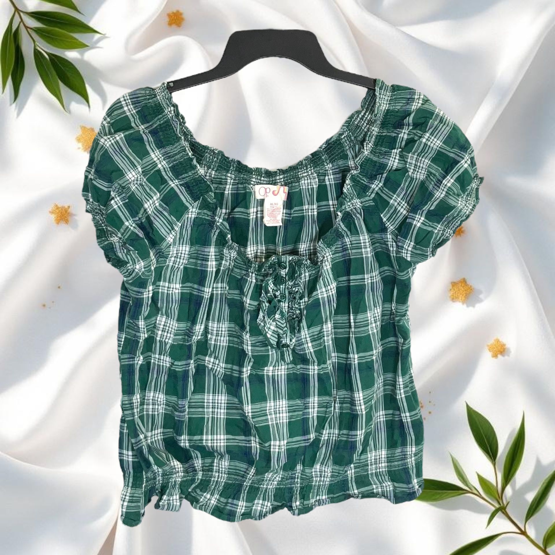 OP Ocean Pacific Green, White, Blue Plaid Shirt w Elastic Could Be Off Shoulder Juniors XL 15-17