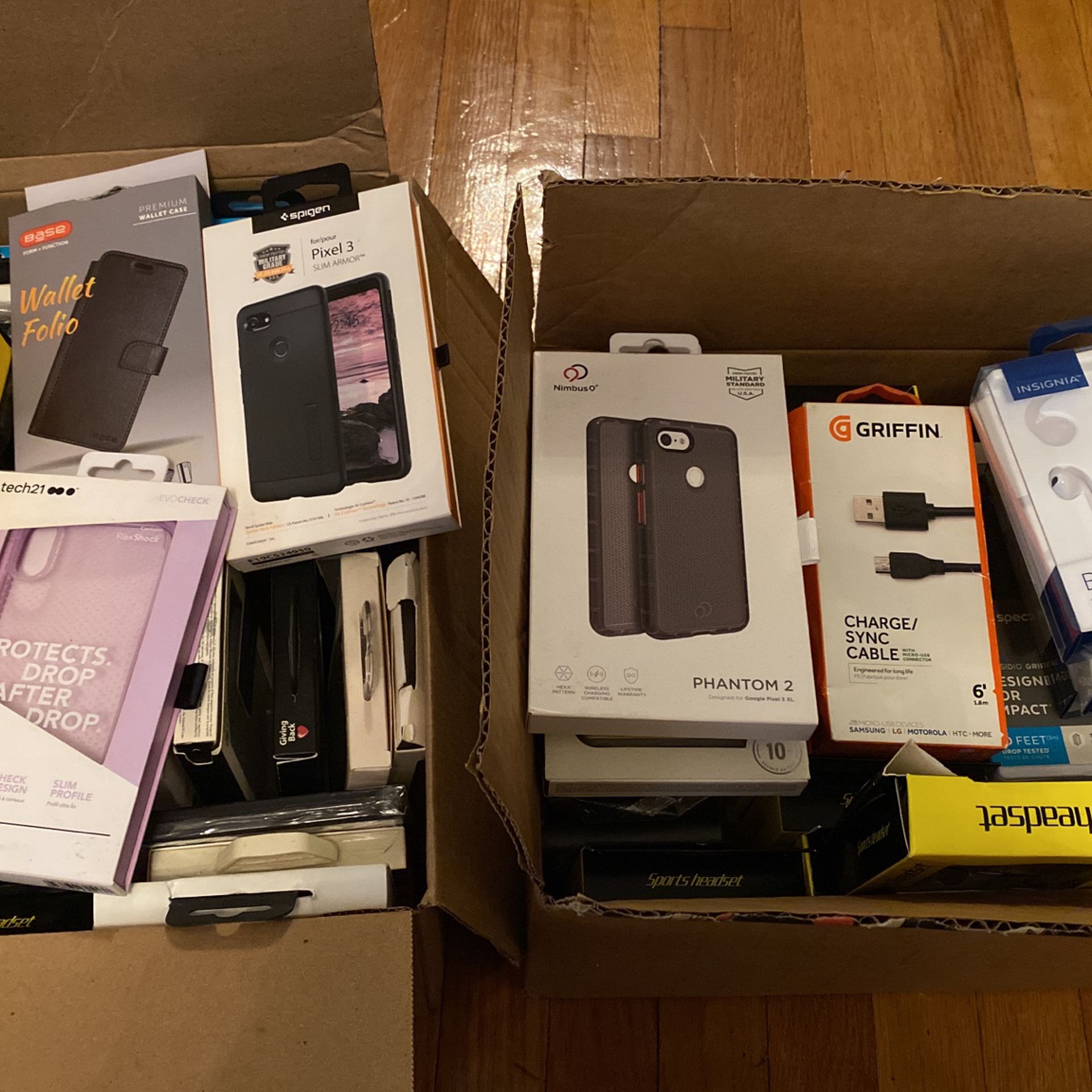 Bundle Deal - Boxes Full of Cases, Wireless Headphones, Charging Cables, Etc. 