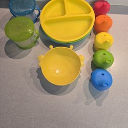 Toddler Silicone Feeding Set – Snack Cups, Suction Plates, Bowl & Elephant Sippy Cup Lids