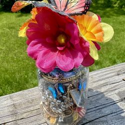 Floral Butterfly Plastic Mason Jar Filled with Mystery Costume/Fashion Jewelry