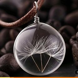 Transparent Dandelion Floral Pendant Necklace, Woven Leather Rope, Men/Women.