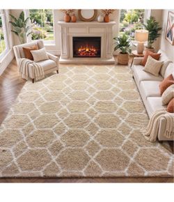 Brandnew Area Rugs for Living Room, 6x9ft Fluffy Beige and White Modern Bedroom Rug Geometric Soft Thick Kids Pet Friendly Indoor Shaggy Cozy Plush No