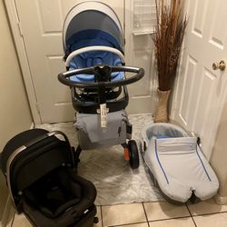 STOKKE XPLORY STROLLER SET GRAY & BLUE INCLUDING BASSINET, NUNA CAR SEAT & MORE 