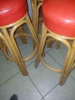 $175-obo Set of 3 Rattan Bar Stools with Red Vinyl Seats