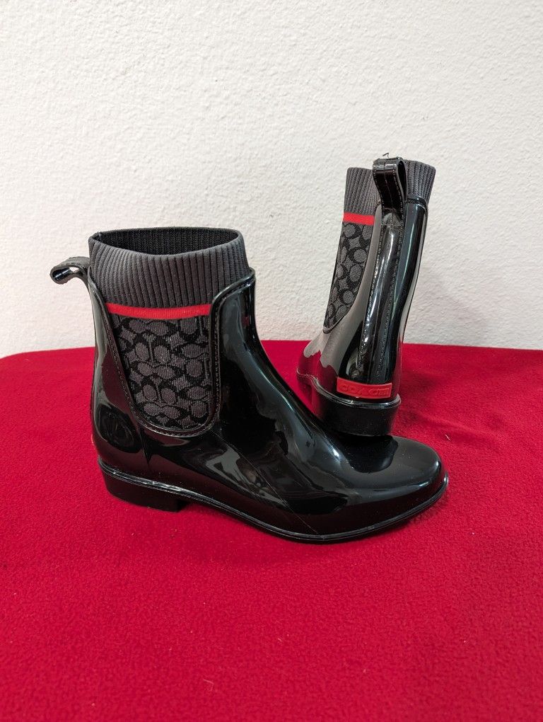 Coach Rivington Signature Knit Black Pull-On Ankle Rain Boot Size 8