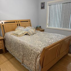 Bed Frame + Mattress + 2 Nightstands (Wood Color)