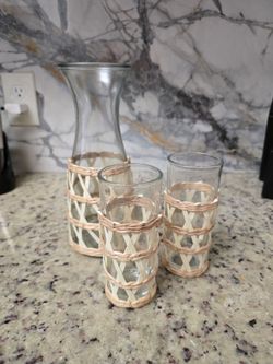 3-Piece Glass Pitcher and Tumbler Set with Woven Straw Sleeves