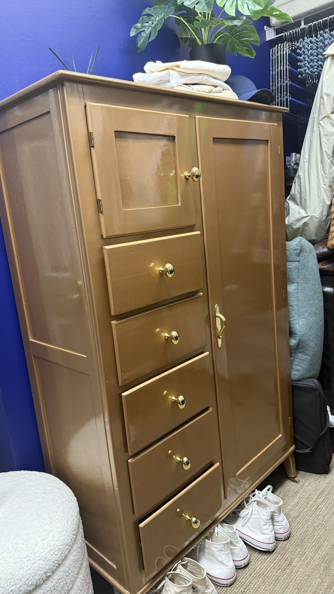 Vintage Gold Wardrobe Cabinet with Drawers