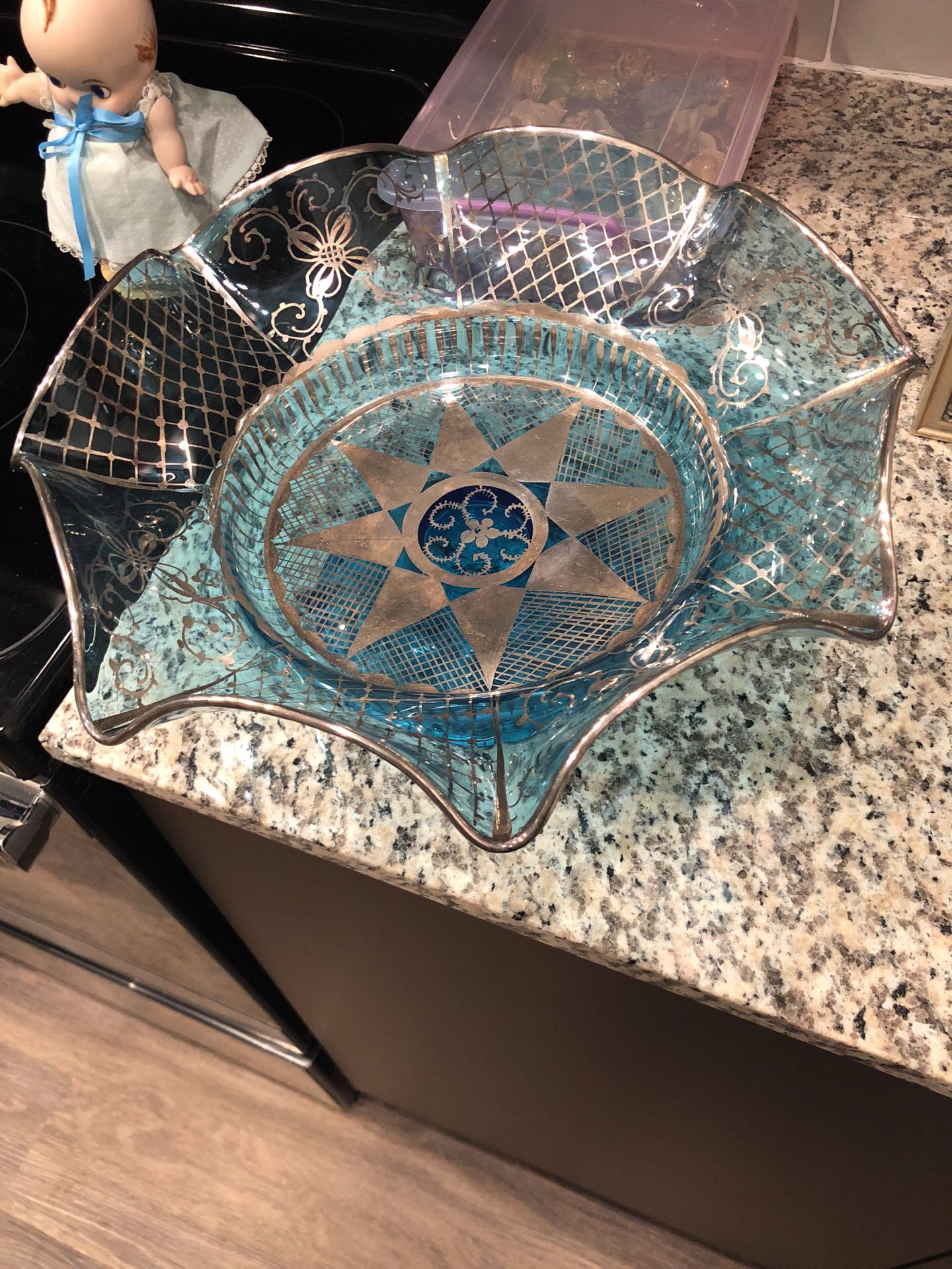 Blue and sliver glass bowl collectible