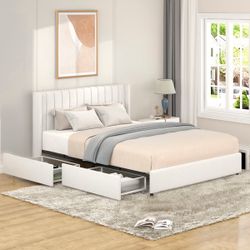 Queen Upholstered Platform Bed with 4-Drawer Storage