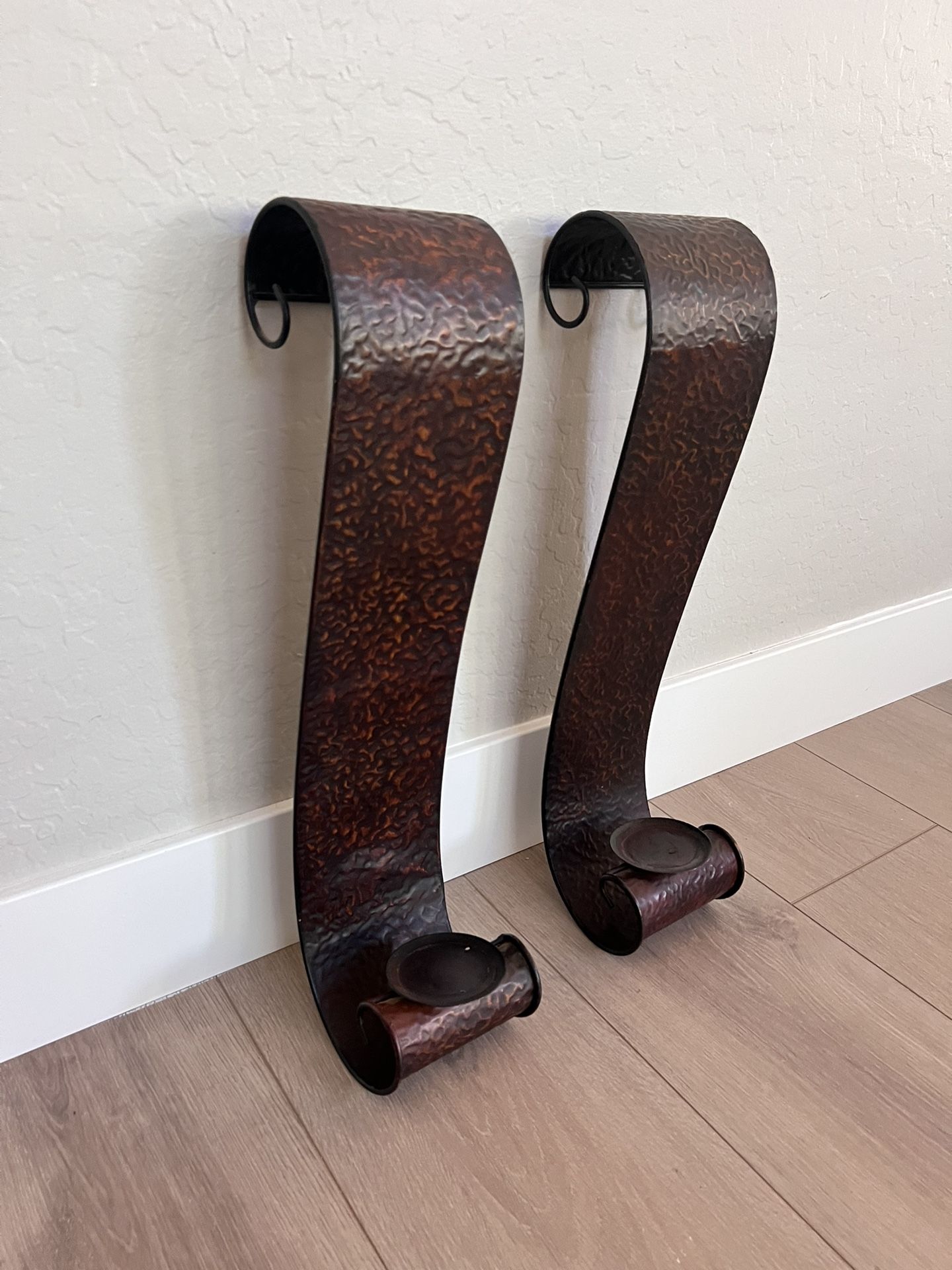 Pair Of TWO 23” Tall Bronze Galvanized Metal Wall Pillar Candle Holders