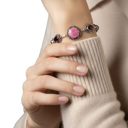 Vintage Pink & Red Stamped 925 Silver Stone Bracelet 8.5” Length