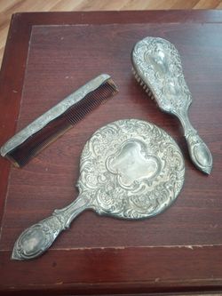 Old silver plate mirror,brush and comb