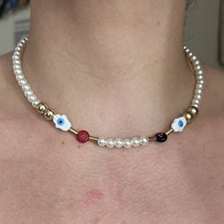 Pearl Necklace With Hamsa And Evil Eye. Protection.