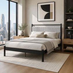 Queen Size Platform Bed Frame with 12” Hybrid Memory Foam Mattress. MattressFluffy Soft Upholstered Headboard.