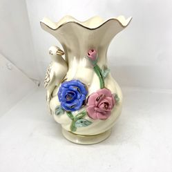 Stunning Vintage 7” Shiny Cream Ceramic 3-D Floral and Bird Vase with Gold Trim