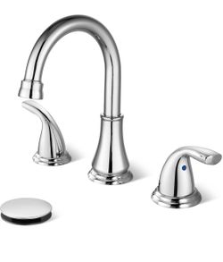 Polish Chrome Widespread Bathroom Sink Faucet, 3 Hole 8 Inch Modern Bathroom Faucet 3-Hole,2 Handles,Pop-Up Drain & Supply Lines,Deck Mount Vanity Fau