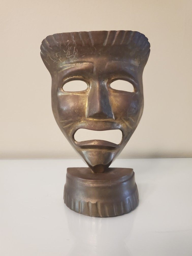 Vintage Brass Tragedy Theater Mask on Stand