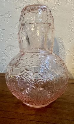 Vintage Pink Depression Glass Bedside Carafe and Tumbler Set Wild Rose