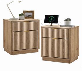 set of 2 23'' Fluted Nightstand with Charging Station, Large 2 Drawer Bedside Table, Modern End Table with Storage, Mid Century Night Stand for Bedroo