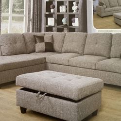 Light Grey Linen Sectional Couch And Storage Ottoman