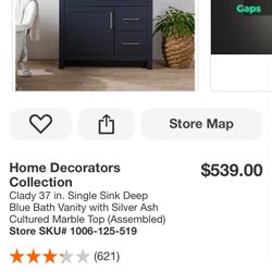 Home Decorators Collection Clady 37 in. Single Sink Deep Blue Bath Vanity with Silver Ash Cultured Marble Top (Assembled)