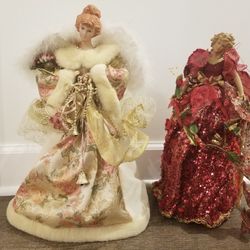 VTG Porcelain Doll Tree Topper Victorian Dress Plastic Cone Base Bottom Lot of 2