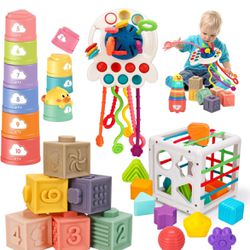 Montessori Baby Toys 6-12-18 Months, Infant Pull String Stacking Cups Shape Sorter Toy 6 7 8 9 10 11 12 M+ sensory Development Learning Toy 6-9 9-12 M