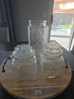 Set of 3 Embossed Glass princess house Canisters with Lids
