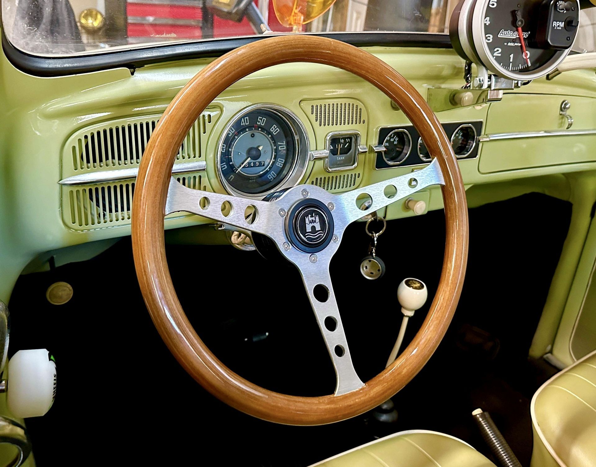 Wood Steering Wheel w/ Volkswagen Beetle Hub Adapter and Wolfsburg Horn Button Momo Nardi Personal Sparco OMP VW Bug Karmann Ghia Empi Bus