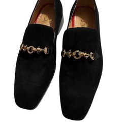 Christian Louboutin Black Suede Loafers with Metallic Hardware Men's Dress Shoes