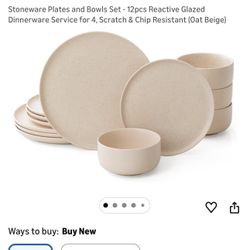 Stoneware Plates and Bowls Set - 12pcs Reactive Glazed Dinnerware Service for 4, Scratch & Chip Resistant (Oat Beige)
