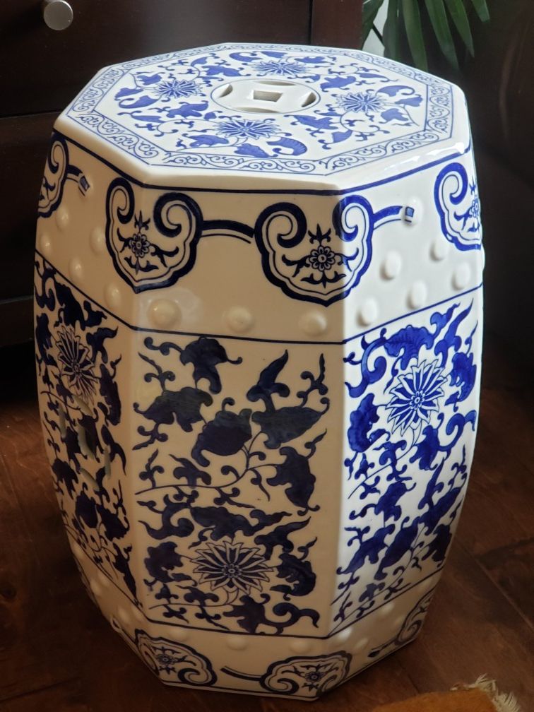 China Blue Porcelain Glass Octogonal Side Table Accent Decor