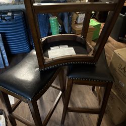 Set Of 3 Black Leather Bar Stools