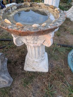 Cement bird bath with sea shells