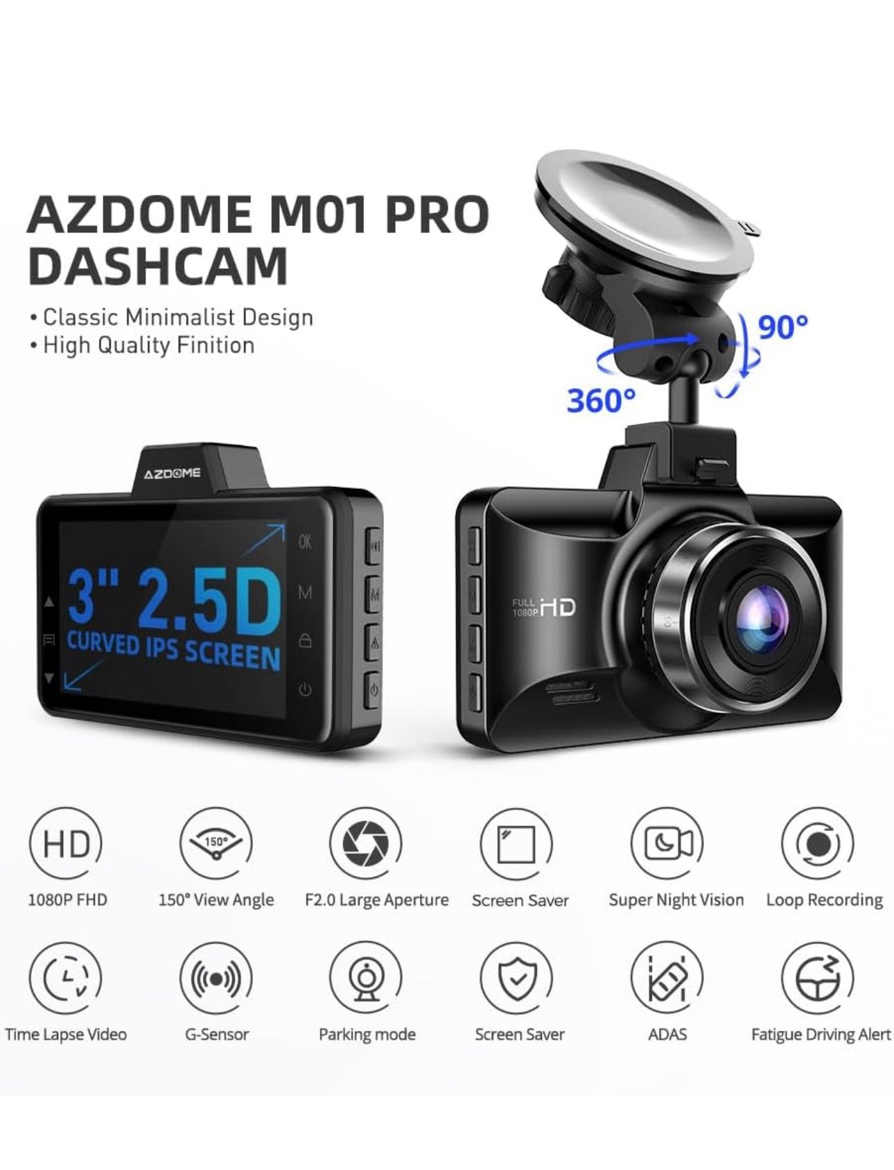 AZDOME M01 Pro Dual Dash Cam with Type-C USB Hardwire Kit
