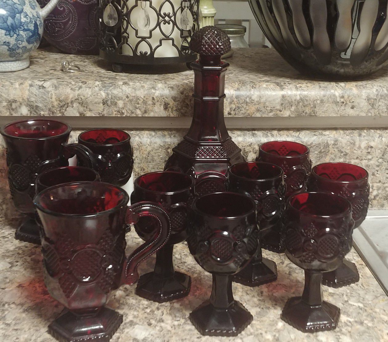 Avon Cape Cod Ruby Red 1876, Goblets, Decanter and mugs with handles