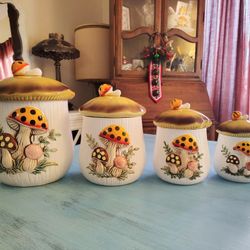 Set of 4 canisters Merry Mushroom by Sears Roebuck no chips or cracks by Sears Roebuck Kendall area 